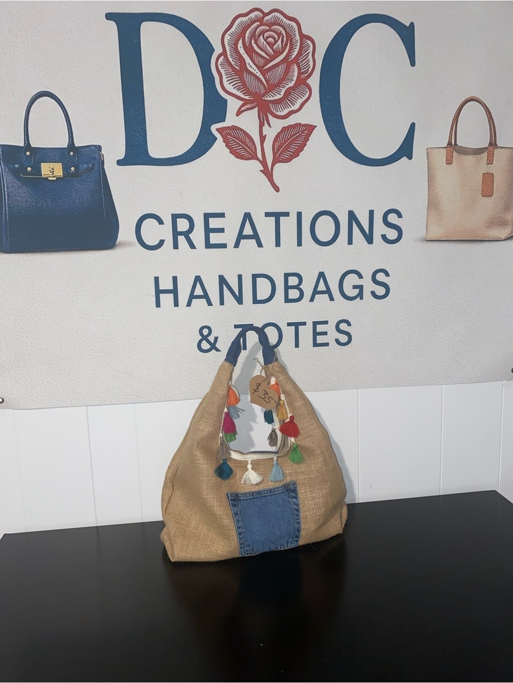 Beige Jute Shoulder Bag with Denim Pocket and Colorful Tassels